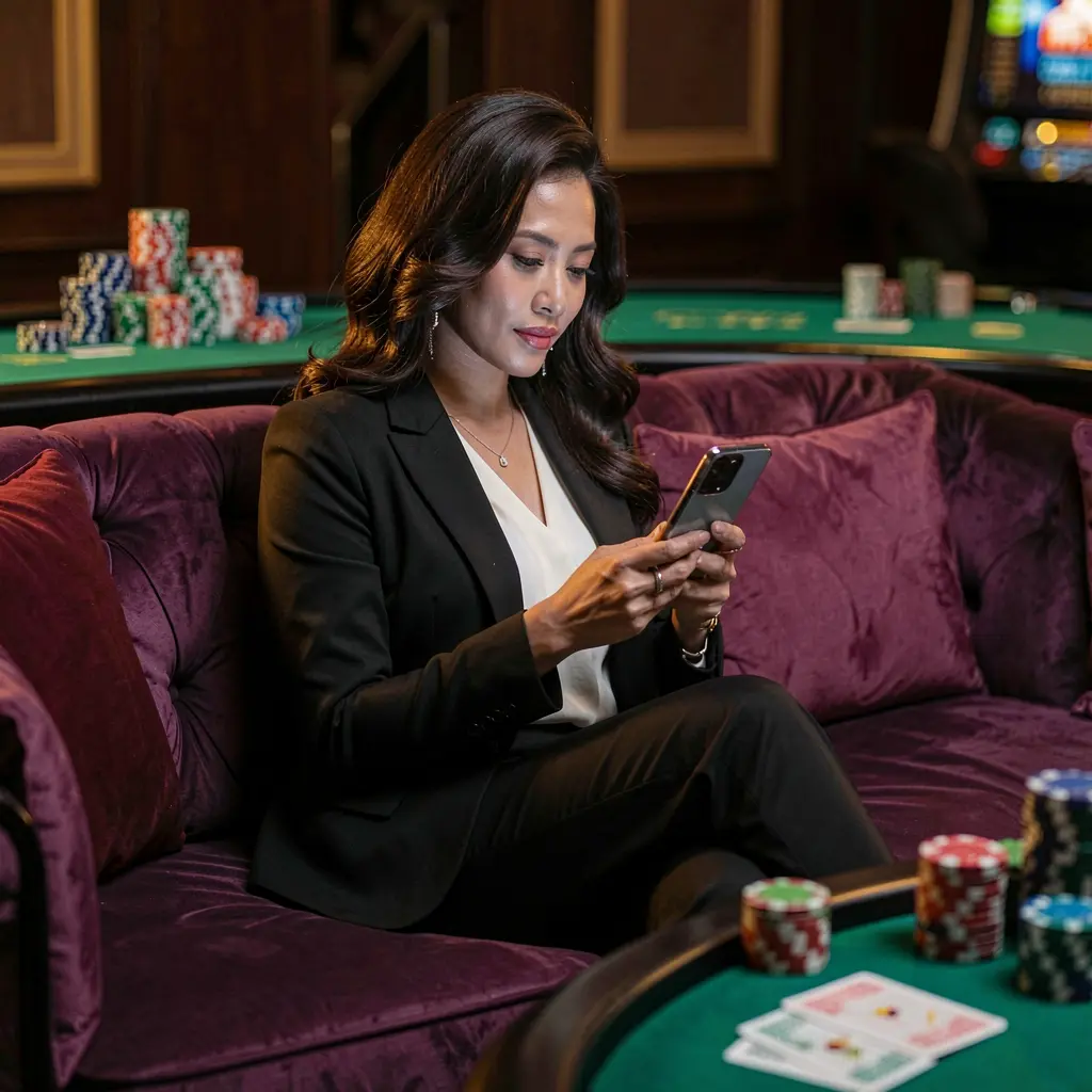 Stylish Filipino woman enjoying the Q63 casino app on her phone while relaxing in a luxury sofa setting with glowing chips and cards behind her