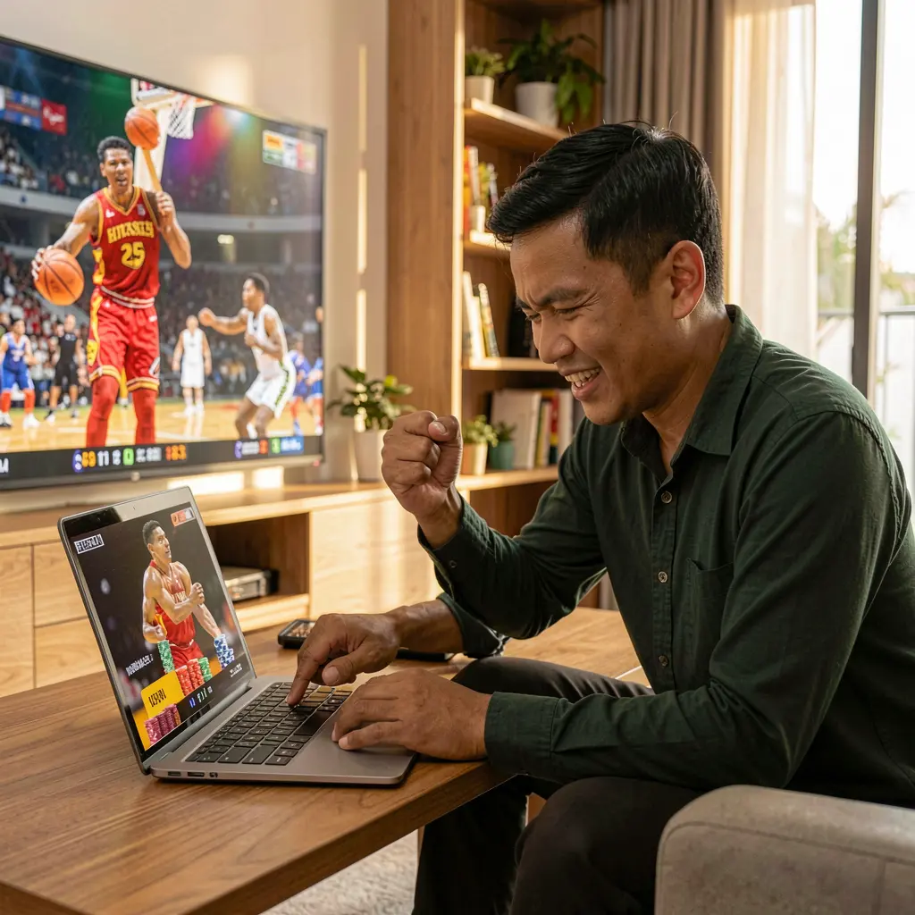 Filipino sports fan celebrating a winning bet with raised fists while playing online on a laptop with Q63 and watching a basketball game at home