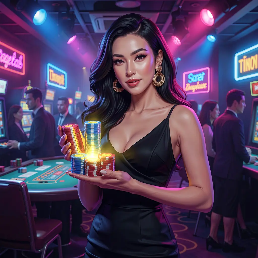 Confident casino player holding glowing chips in a neon lit gaming environment showcasing the high energy casino experience at Q63 for the Philippines
