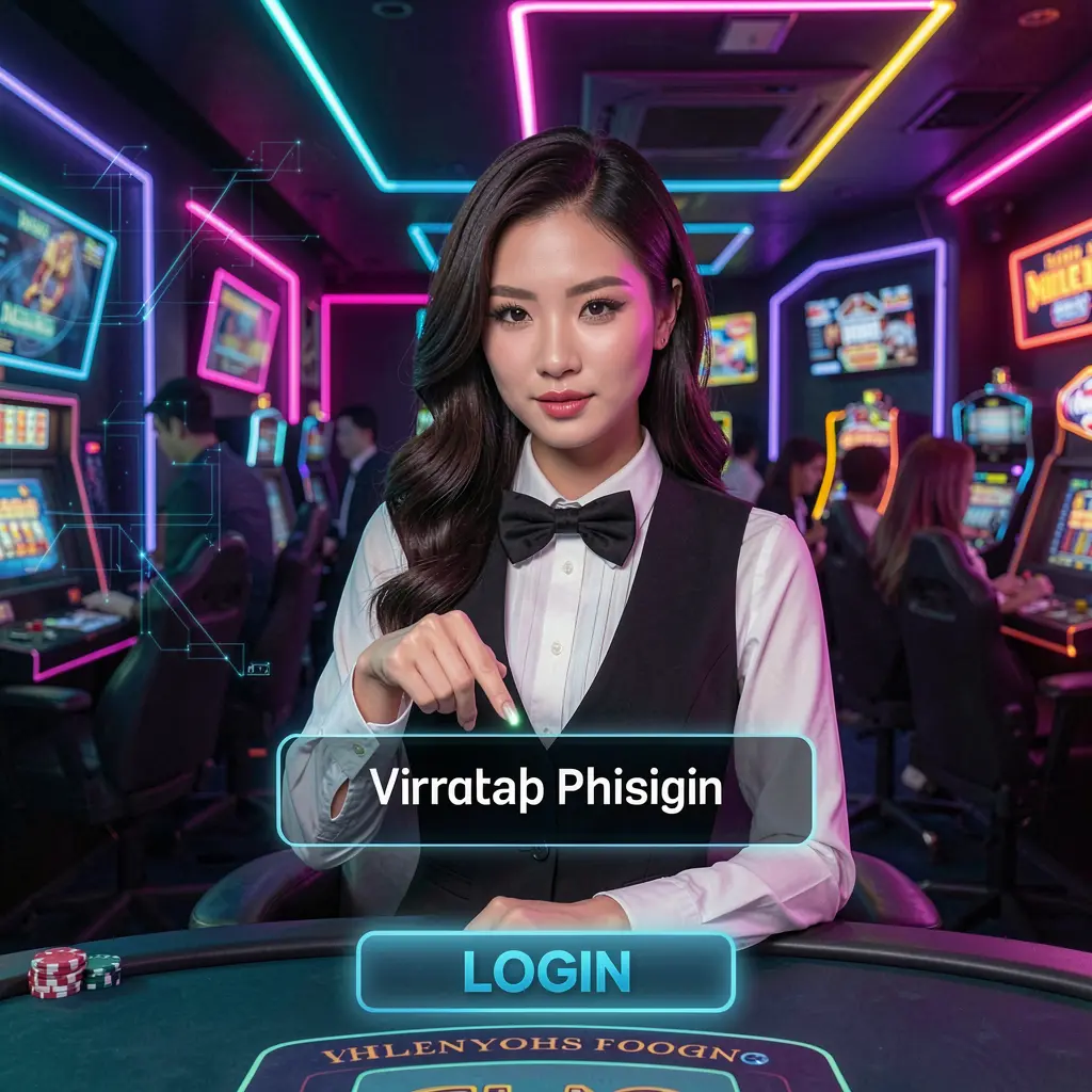 Stylish Filipino casino hostess pointing at a glowing digital login button inside a high tech Q63 platform environment