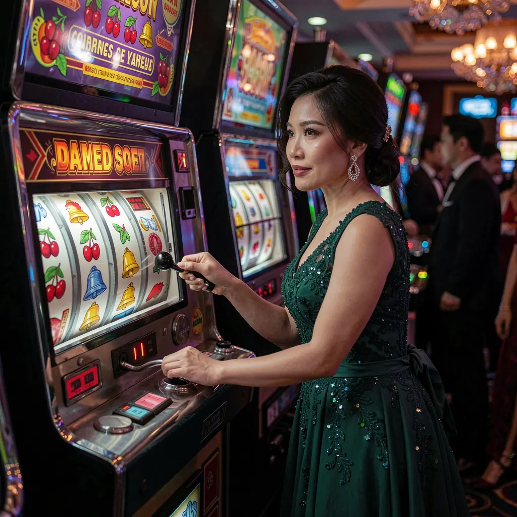 Elegant Filipino woman in a luxurious evening dress playing a glowing slot machine in a vibrant casino atmosphere at Q63 Philippines